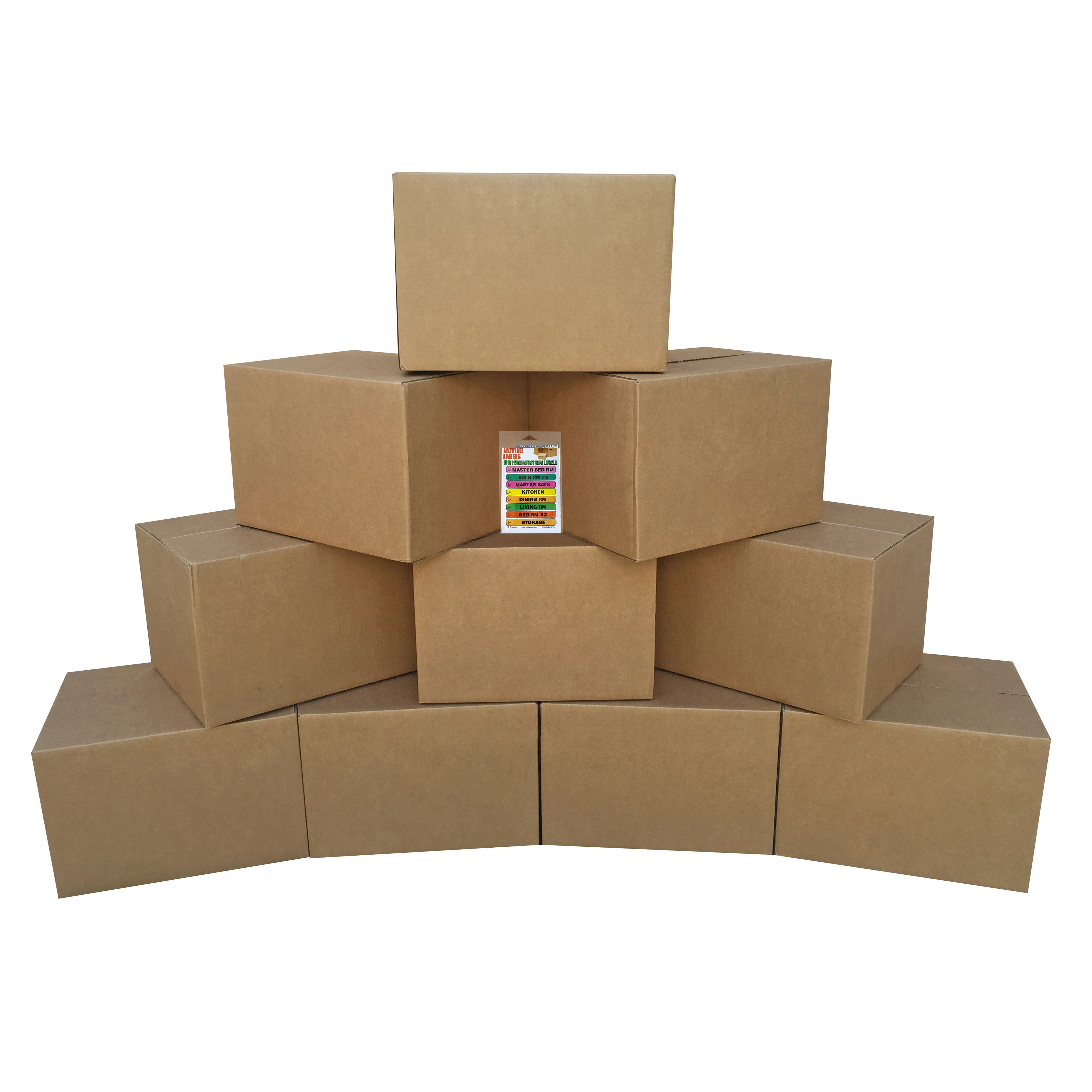 Medium Moving Boxes - Pack of 10 - 18"x14"x12" &amp; Moving Labels